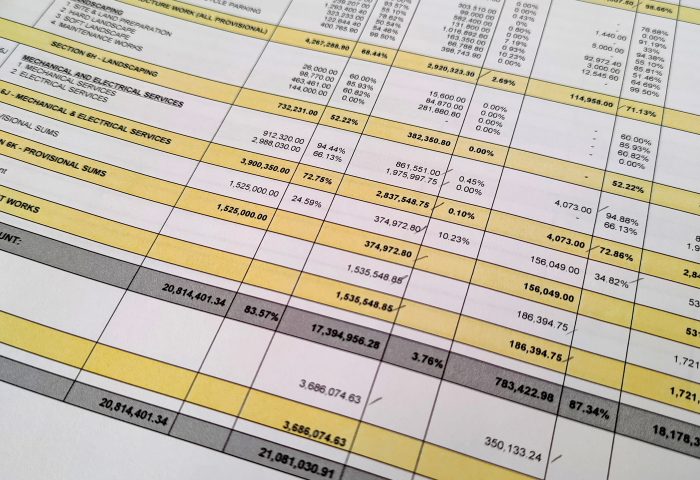 Close-up of a financial spreadsheet with highlighted rows, numbers, and percentages for data analysis or budgeting.