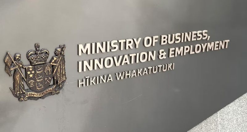 Sign for Ministry of Business, Innovation & Employment with New Zealand coat of arms and Māori text 'Hīkina Whakatutuki'.